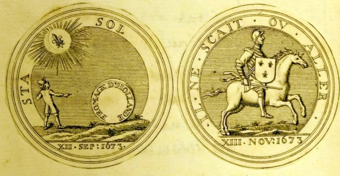 Een munt uit Schoemakers collectie: Sol sta, Zon sta stil, een verwijzing naar de aftocht van Lodewijk XIV eind 1673 