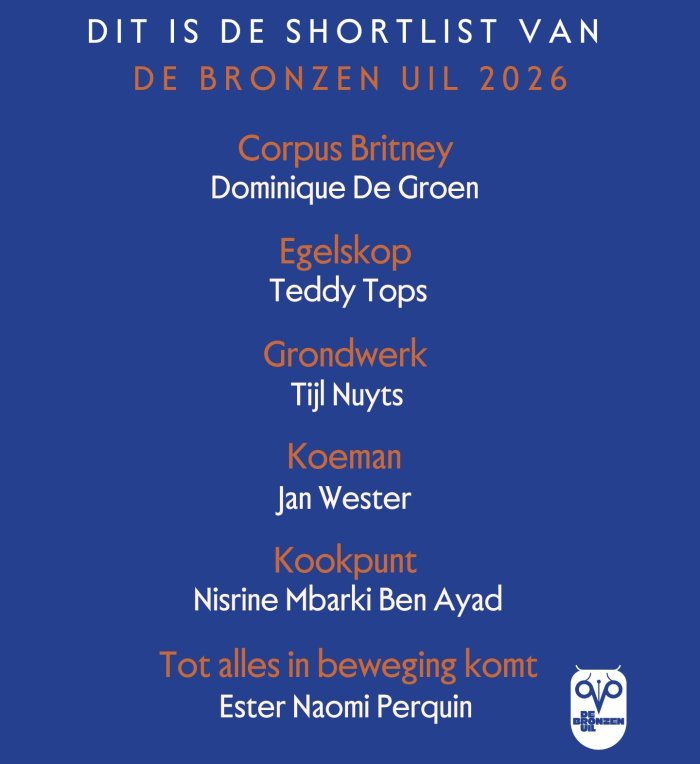 Lijstje met de genomineerde boeken De Bronzen Uil 2026