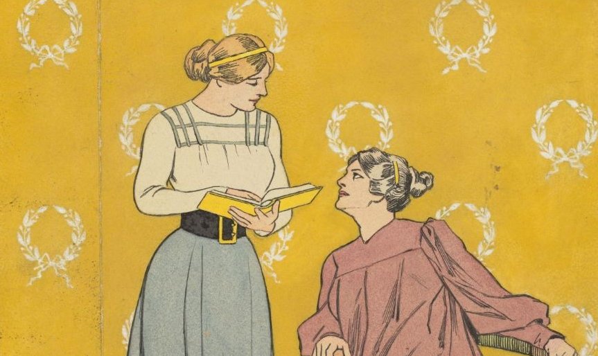 Bandontwerp met twee vrouwen met een boek